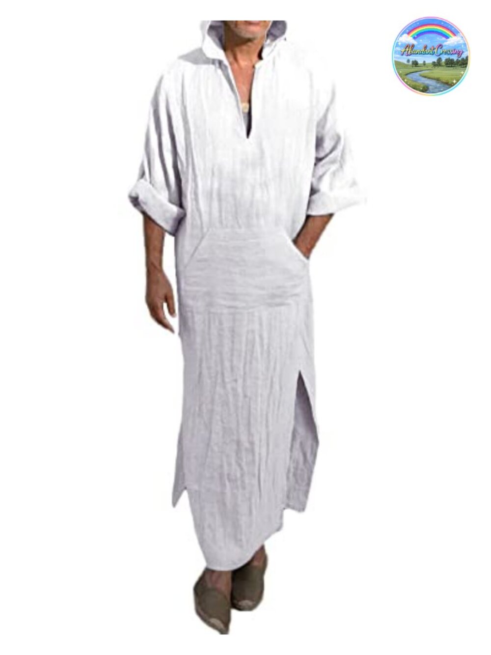 Men's Cotton Linen Hooded Thobe Long Gown Robe with Pockets